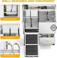 DWVO Professional Dog Bathing Station Stainless Steel 304 Pet Bathtub, 50in Dog Grooming Tub w/Right Door Ramp, 2 Storage Drawers, Grate, Pet Washing Station for Large, Medium, Small Pets