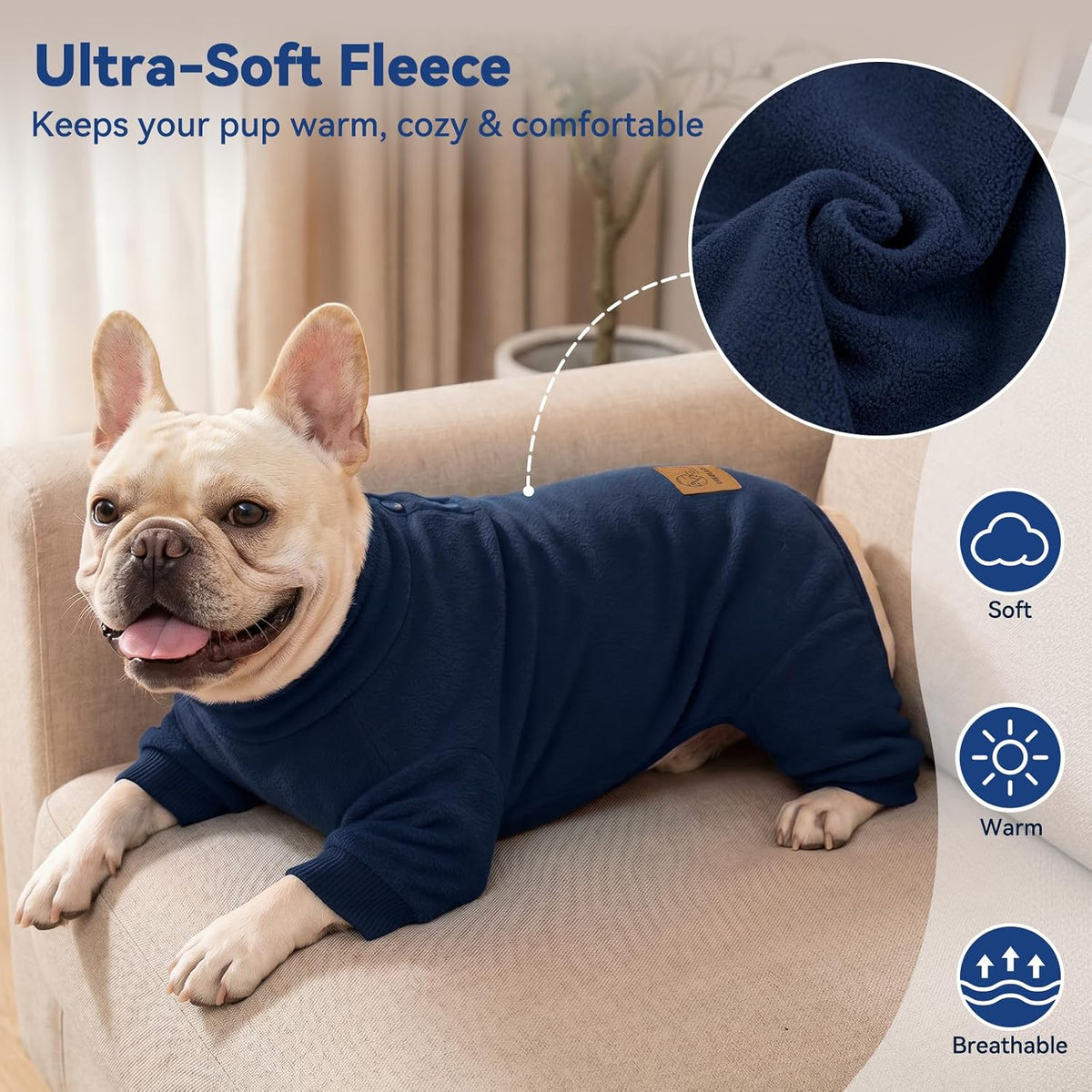 Navy fleece dog pajamas onesie with high collar and four legs - view 3