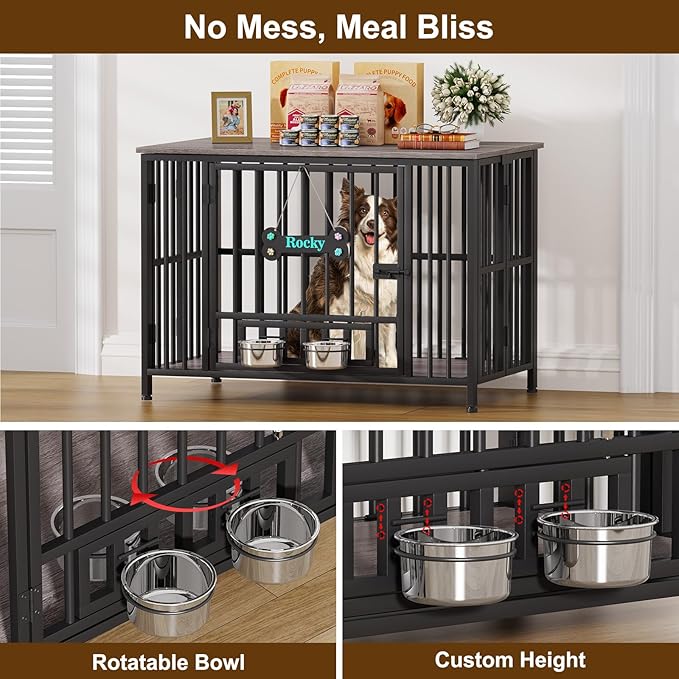 Easycom 41" Dog Crate Furniture Foldable, No Assembly Decorative Dog Kennel Indoor, Dog Crates for Large Dogs (40-65 lbs), Wooden Dog Cage with Adjustable Bowls and Name Tag, End Table, Oak Grey