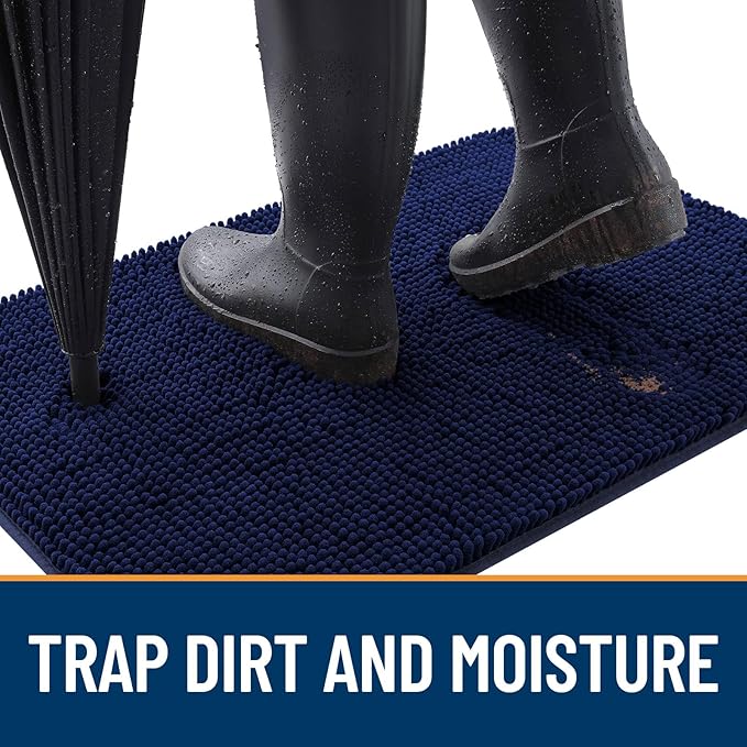 OLANLY Dog Door Mat Set 4-Piece 30x20, Absorbs Moisture and Dirt, Absorbent Non-Slip Washable Doormat, Quick Dry Chenille Mud Mat for Dogs, Entry Indoor Entryway Carpet for Inside Floor, Navy Blue
