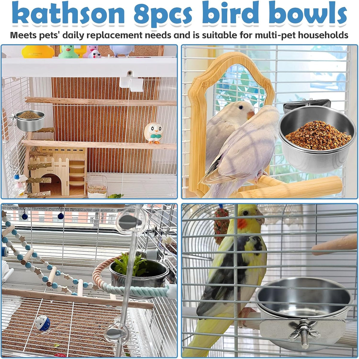 8 pack stainless steel bird feeding dish cups with clamp holders, 3.9 inch diameter - view 2