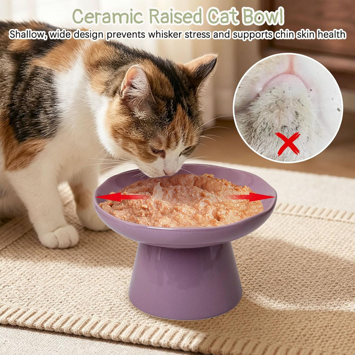 VCEPJH Elevated Cat Bowls 6.1in Wide Shallow Ceramic Raised Food Dish – Essentials for Cats - Purple(Pack of 2) - image 2