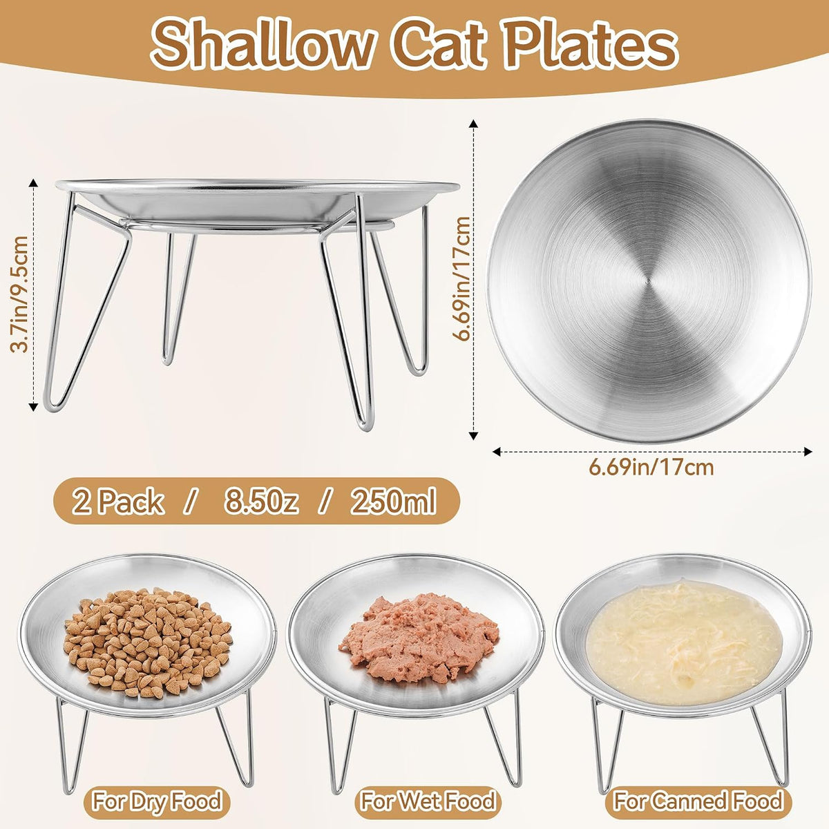 Elevated Cat Bowls, Wide Stainless Steel Cat Food Bowls with Metal Stand Whisker Stress-Free - 4 Plates with Stand - image 3