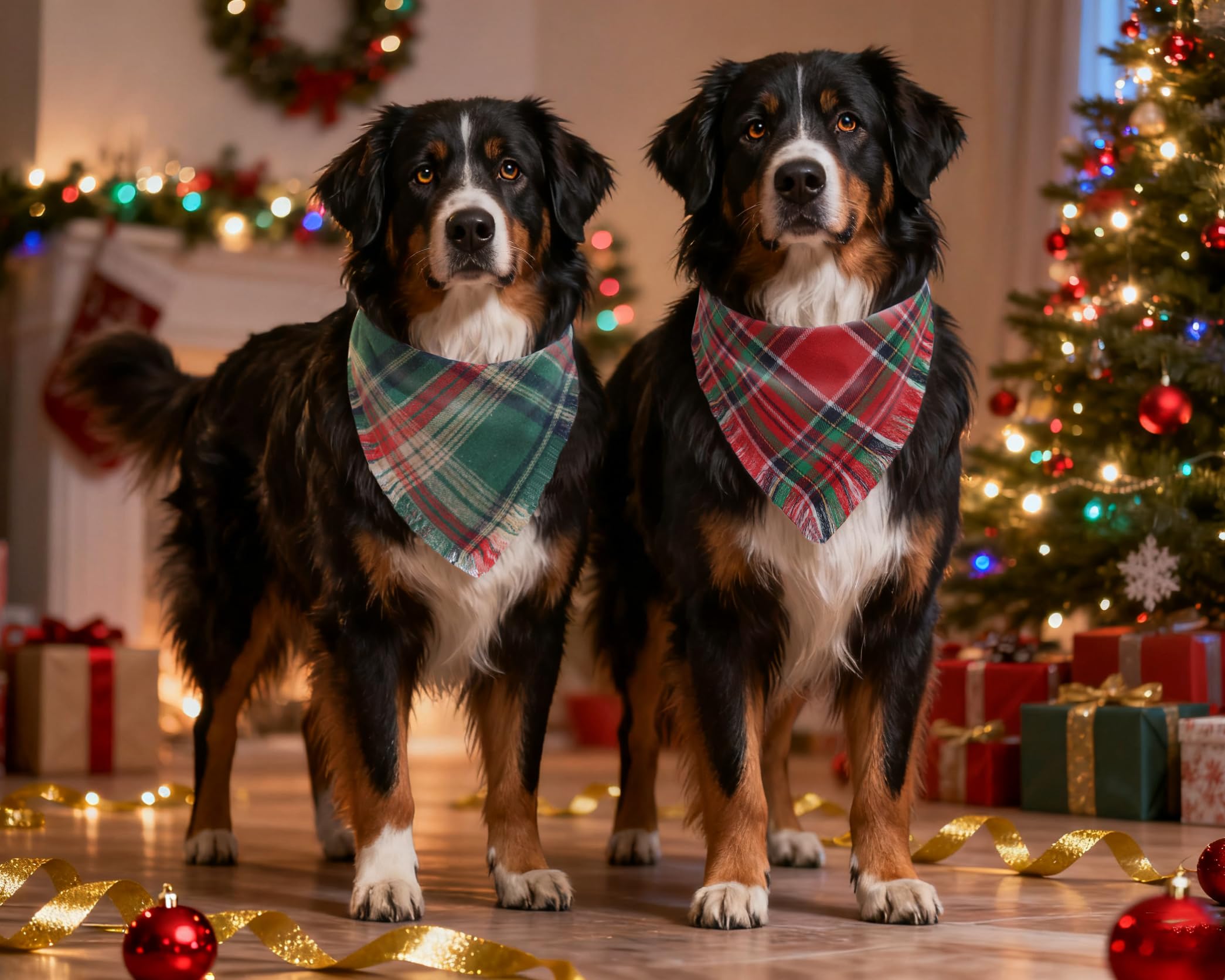 2PCS Christmas Dog Bandanas – Red and Green Plaid with Tassels - BIG FRENCHIES