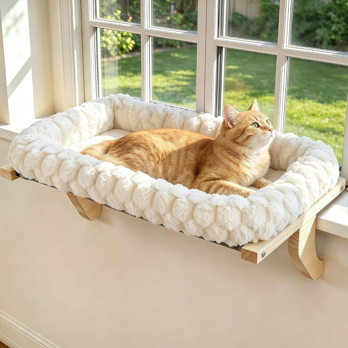 Cloud-Soft Wooden Cat Window Sill Perch with Zipper Cushion - White / Large