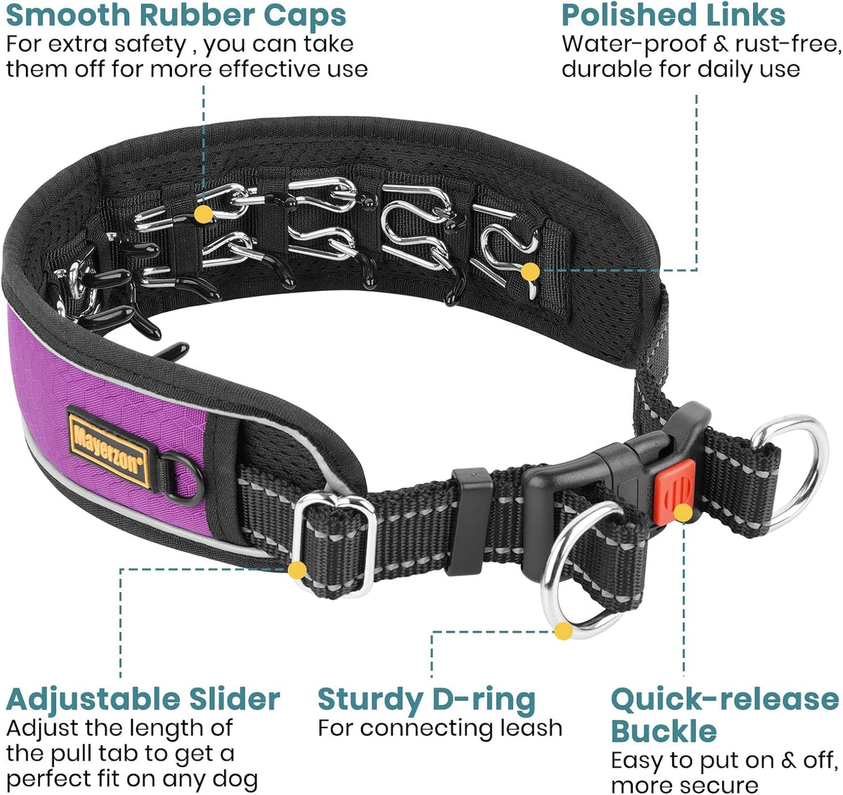 Mayerzon purple no pull dog collar with reflective threads and slider buckle - view 2