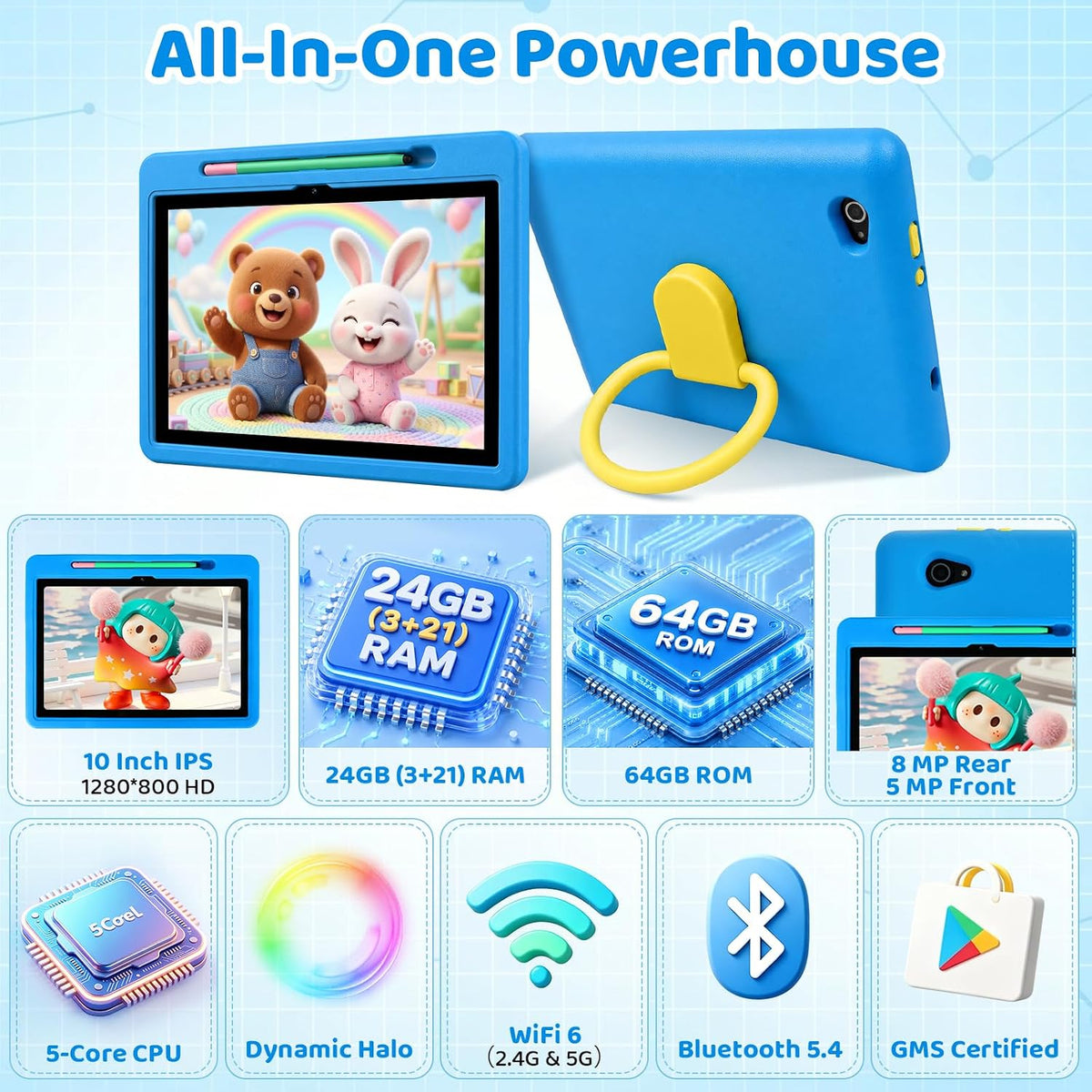 Android 16 Kids Tablet HD 10 Inch with Stylus & Case - Blue - image 3