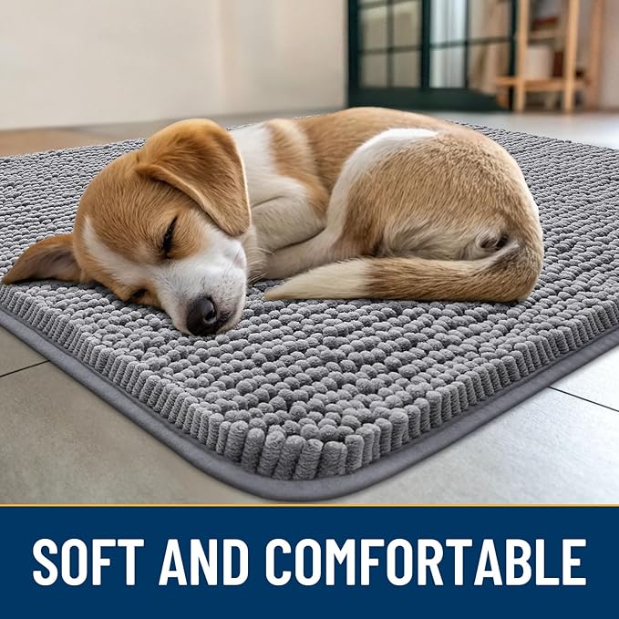 Smiry Dog Door Mat for Muddy Paws 40x24, Absorbs Moisture and Dirt Doormat, Non-Slip Washable Quick Dry Chenille Front Door Mat Indoor Entrance, Entryway Carpet for Inside Floor, Grey
