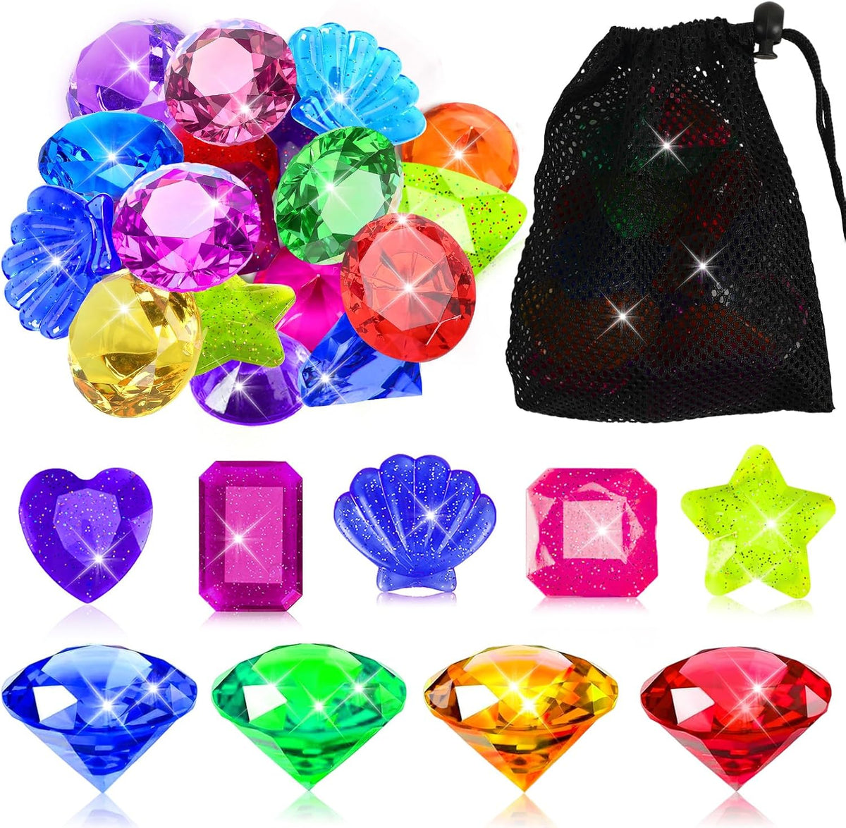 MARFOREVER pool dive gems, 8 diamond and 8 heart shaped acrylic gems with storage bag