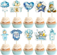 Gyufise 36Pcs Baby Shower Bear Cupcake Toppers Moon Baby Bear Baby - Deep Blue