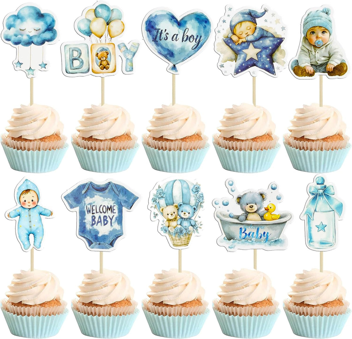Gyufise 36Pcs Baby Shower Bear Cupcake Toppers Moon Baby Bear Baby - Deep Blue