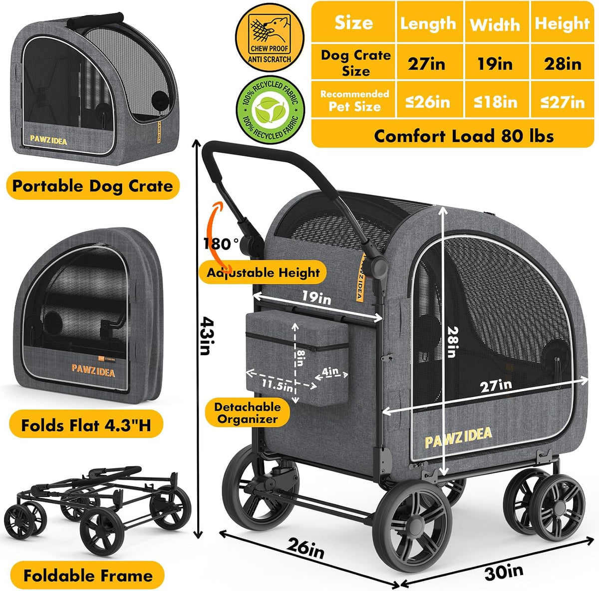 PAWZIDEA 3-in-1 Large Dog Stroller with Detachable Carrier - Mid-Hemp Grey - image 2
