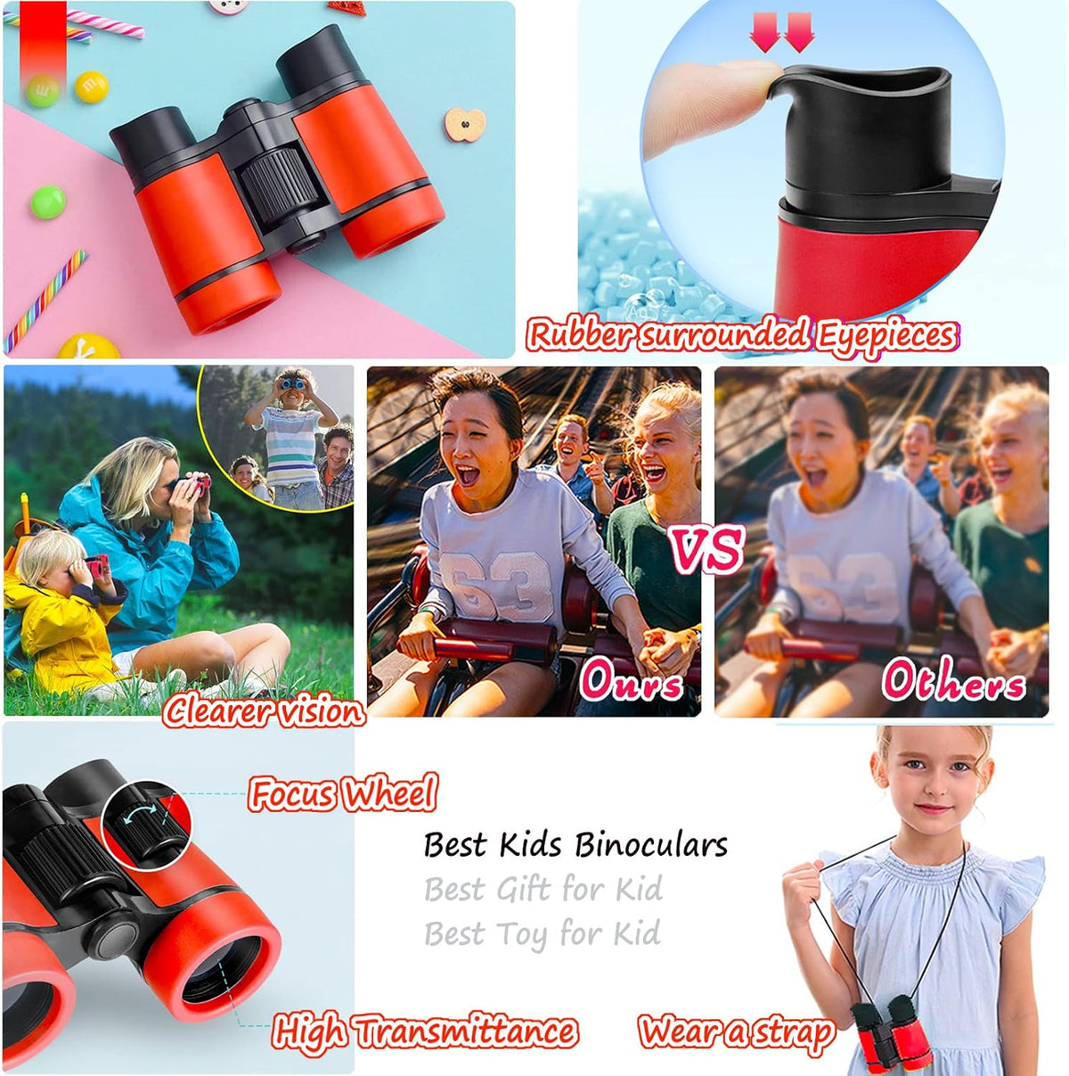 Kids Binoculars Ages 3-12 with Compass & Whistle – Fun for Kids & Family - Red - image 4