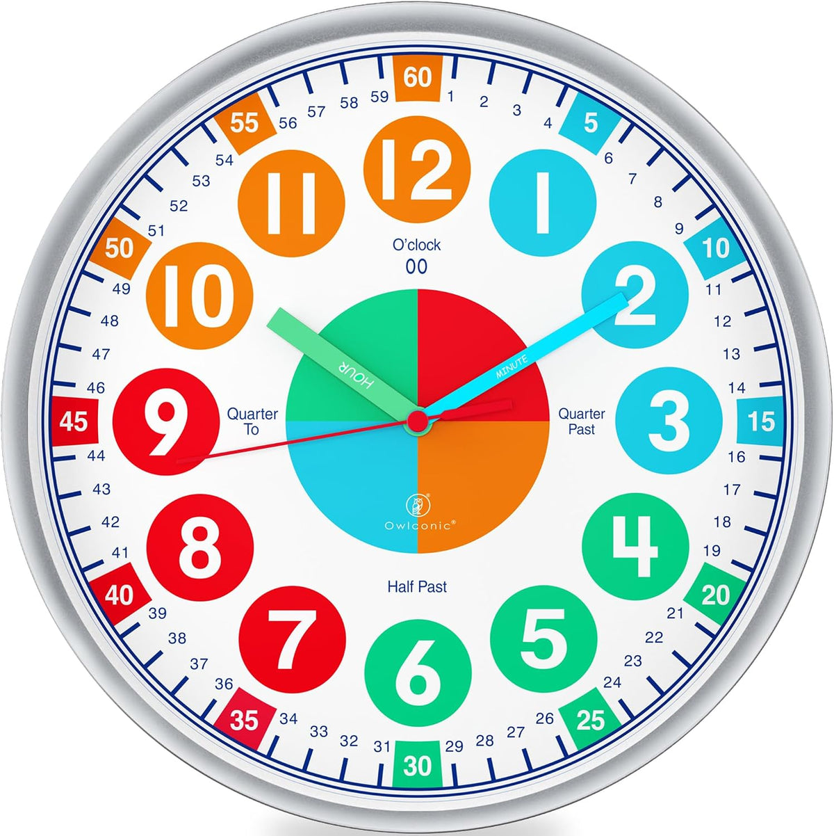 OWLCONIC Kids Teaching Clock, Learning Clock, Silent 10in - Bright