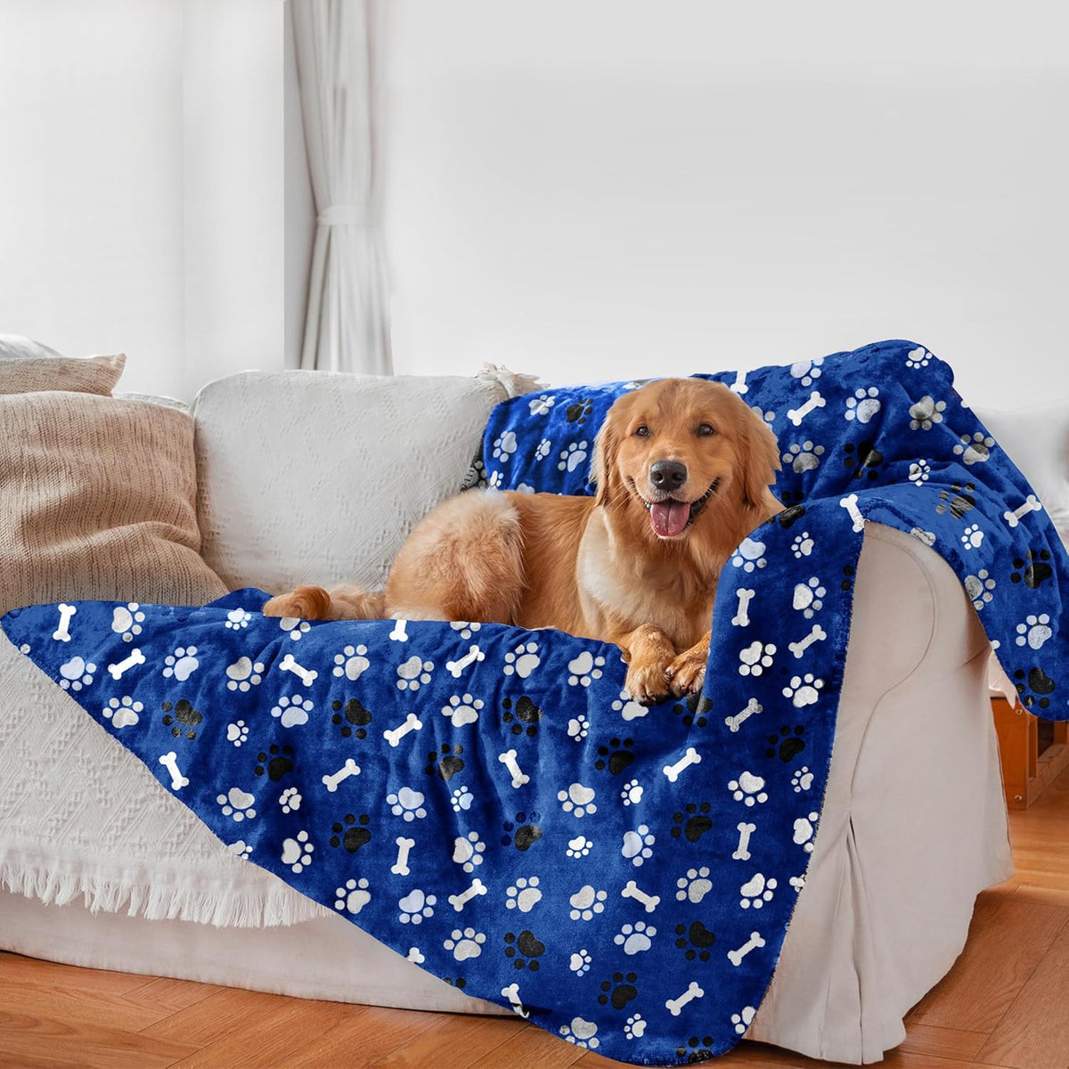 Dog Blanket Paw Bone Pattern 1 Pack 2 Super Soft Warm Flannel Sofa - 40*30 inch (Pack of 2) / Blue&beige|paw Bone