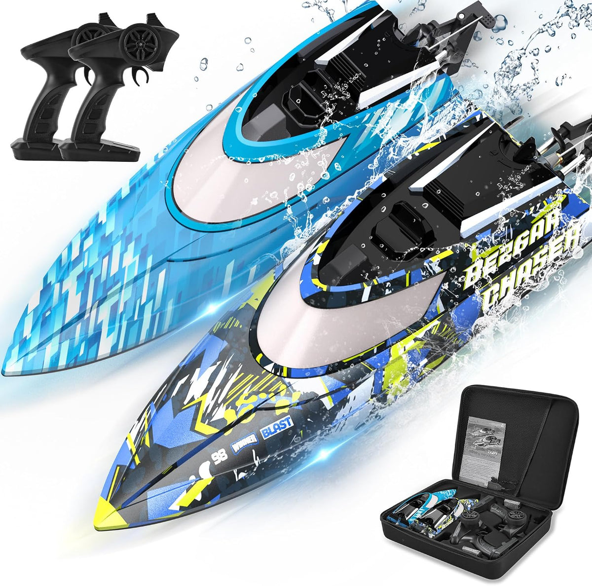 BEZGAR TX2P1,2 Packs 30 KPH RC Boats with Suitcase for Kids – Fun for Kids & Family - Blue