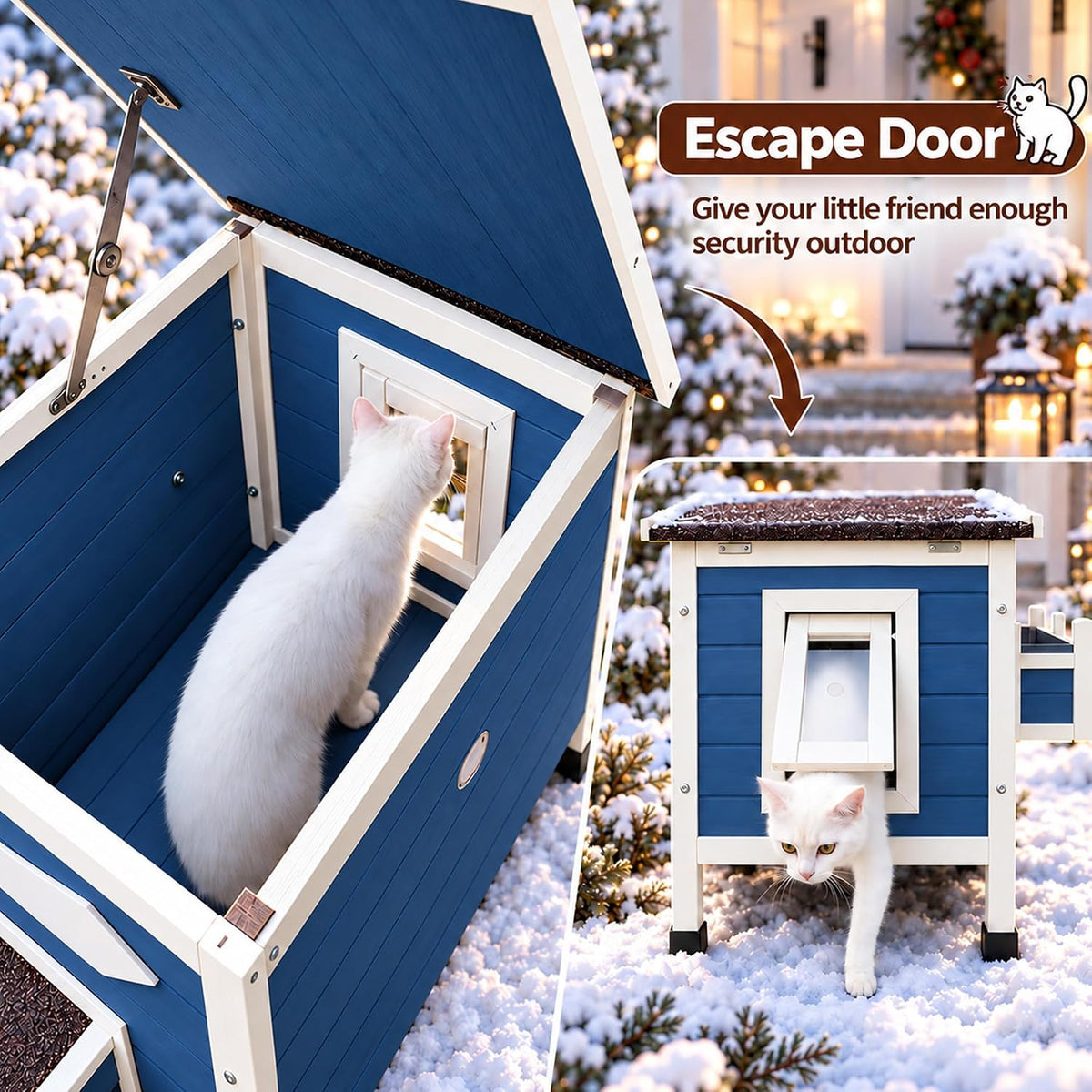 Large Outdoor Cat House with Soft Mat, Wooden Feral Cat Shelter – Essentials for Cats - Blue - image 3