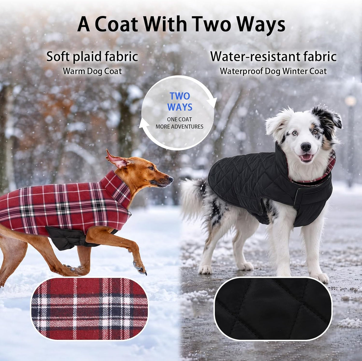 Winter Dog Jackets, Reversible Dog Coat with Leash Hole - Red / 2XL - image 3