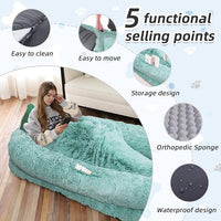 Human Dog Bed, 71''x45''x12'' Size Fits You and Pets, Washable Faux Fur Pet Bed for People Doze Off, Napping Orthopedic Dog Bed, Present Plump Pillow, Blanket, Strap - GreenWhite