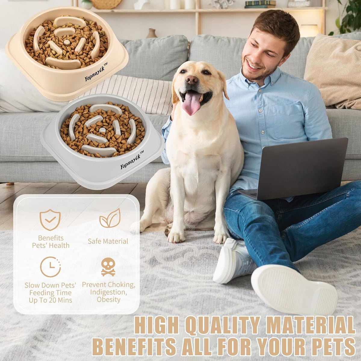 2 Pack Slow Feeder Dog Bowls for Medium Dogs & Cats – Essentials for Dogs - Medium / Grey and Beige - image 4
