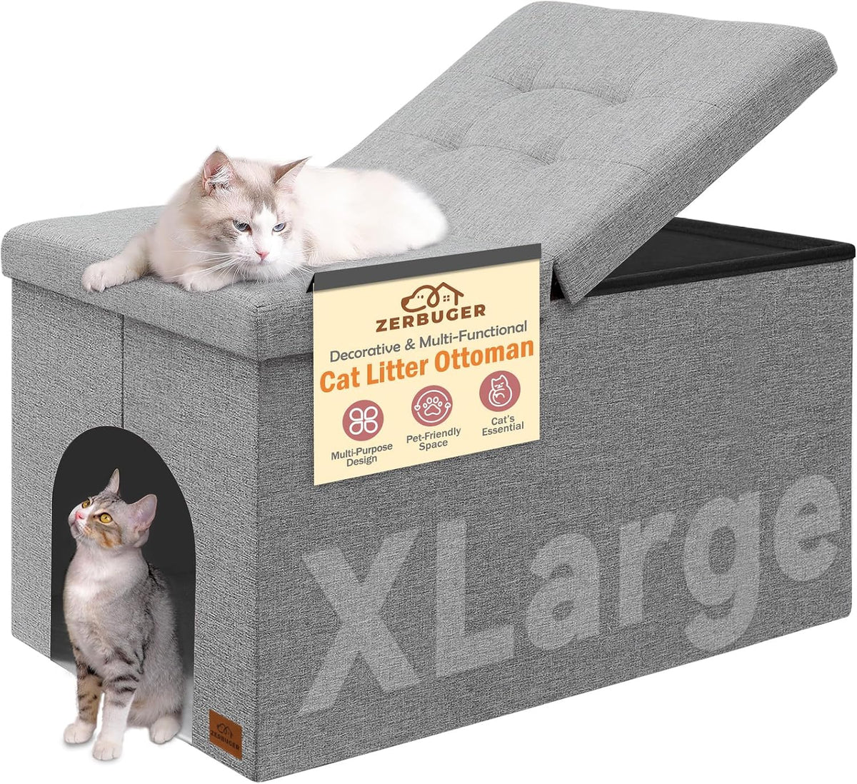 Zerbuger Cat Litter Box Enclosure Furniture for Odor Control – Essentials for Cats - Light Grey / X-Large