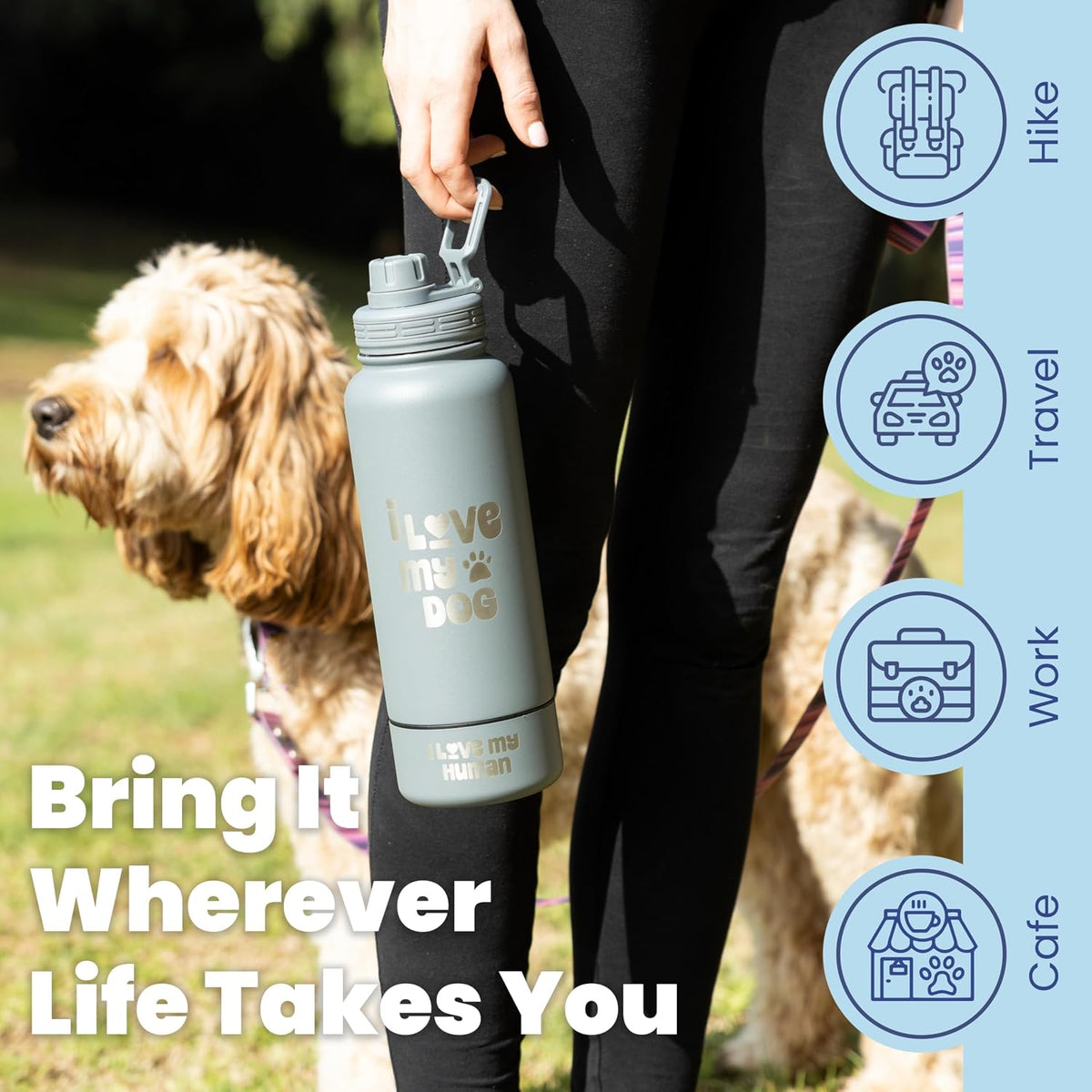Rubyloo Dog Mom Water Bottle with Detachable Bowl for Dog Lovers – Essentials for Dogs - Love My Dog: Smoky Grey - image 3