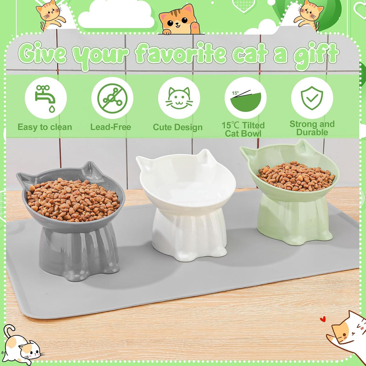 3 Pcs Raised Cat Bowl 15° Elevated Cat Food Bowl Tilted Cats Bowls - Green, Grey, White - image 3