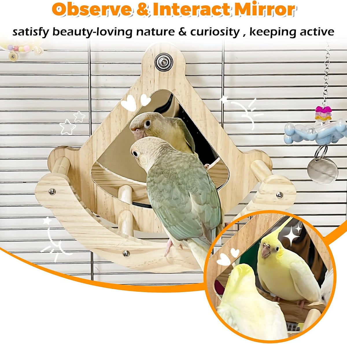 Bird Perch Toy, Wooden Interactive Rocking Parakeet Toys and Perches – Essentials for Birds - Wood / Cage Installation with Mirror - image 2