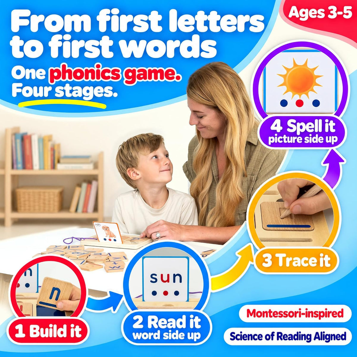 Hulats CVC word phonics game with wooden blending board, letter tiles and flash cards - view 2