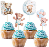 Gyufise 36Pcs Baby Shower Bear Cupcake Toppers Moon Baby Bear Baby - Blue