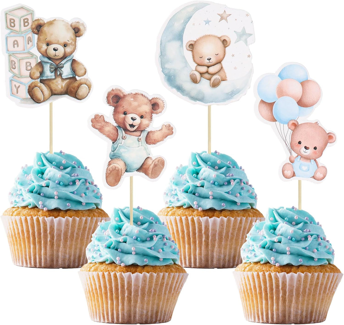 Gyufise 36Pcs Baby Shower Bear Cupcake Toppers Moon Baby Bear Baby - Blue