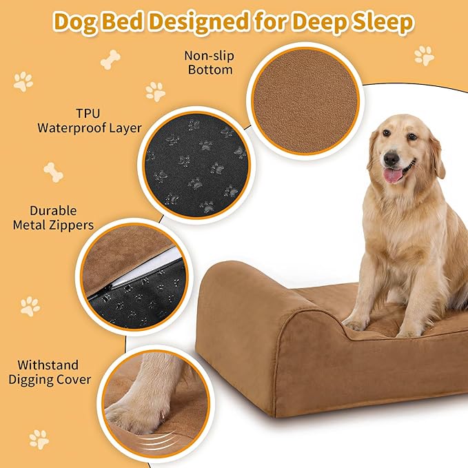 Orthopedic Dog Beds for Large Dogs, 7" Memory Foam Dog Beds with Waterproof Liner, Chew Proof Microsuede Cover, Removable and Washable, Nonskid Bottom, 60"x48" XXL Khaki