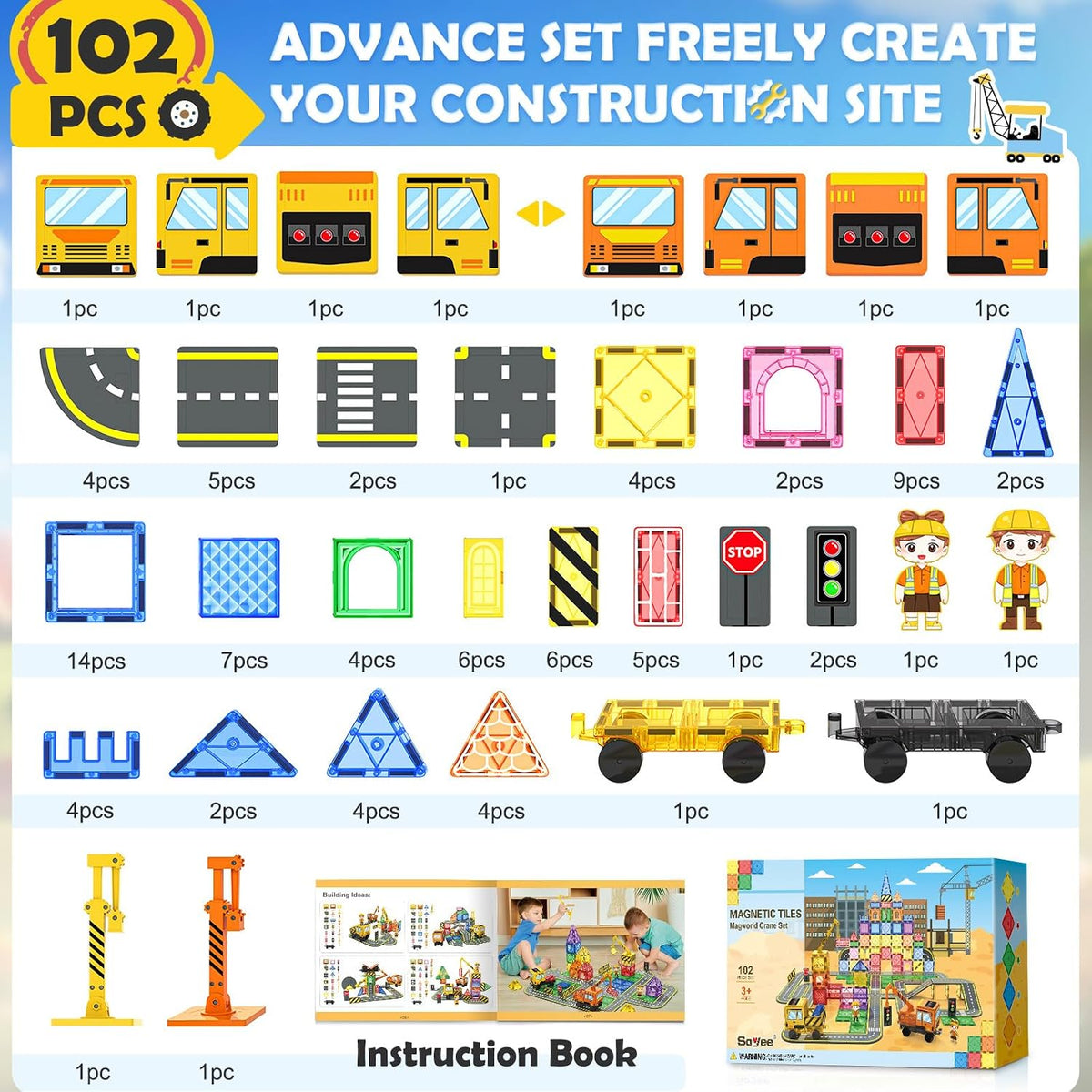 Magnetic Tiles with 2 Cranes - 102 Pieces Set - image 4