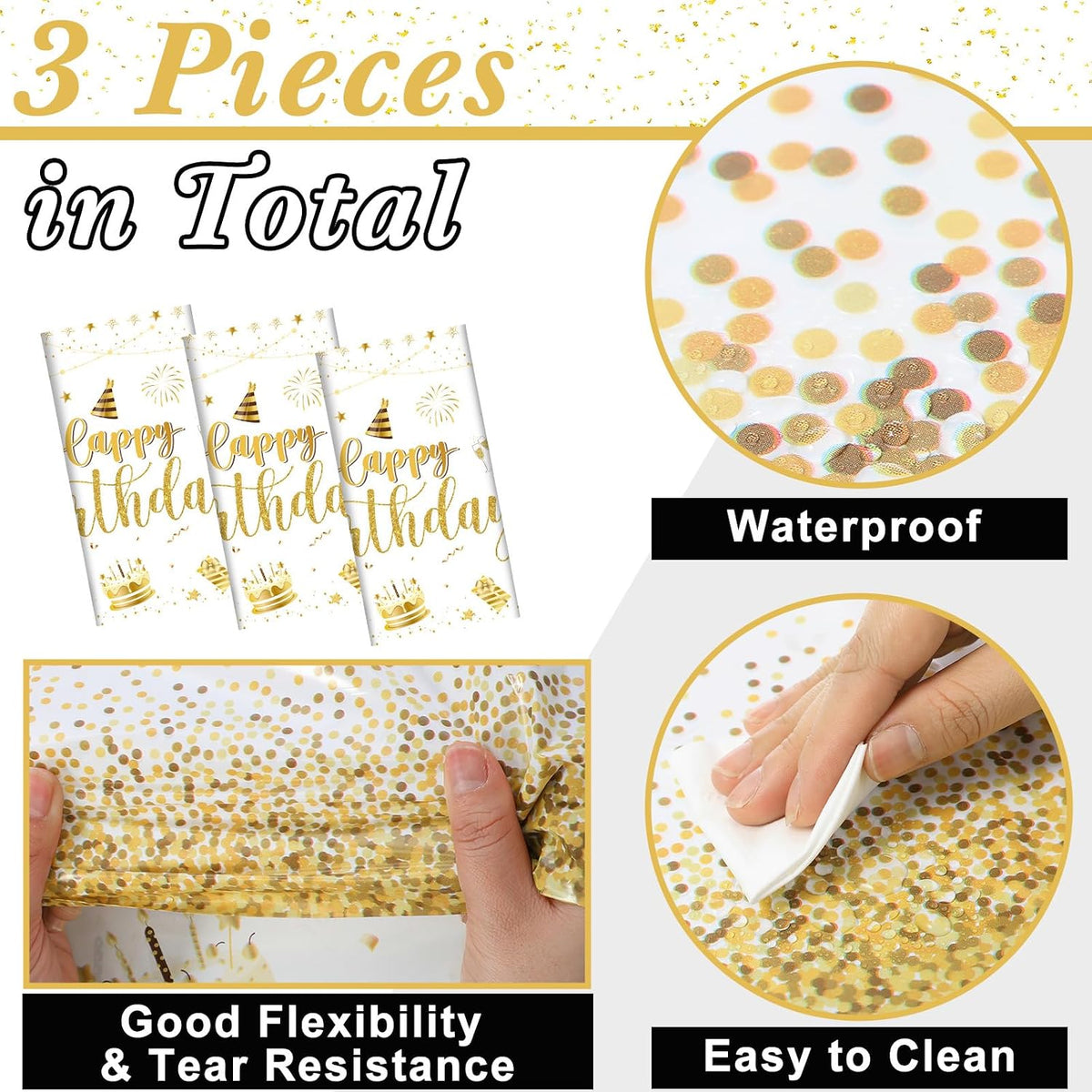 Tudomro 3 Pcs Plastic Happy Birthday Party Tablecloths - White Gold / 3 - image 2