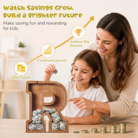 KMC wooden letter piggy bank, oak initial coin bank with clear plexiglass front - view 18