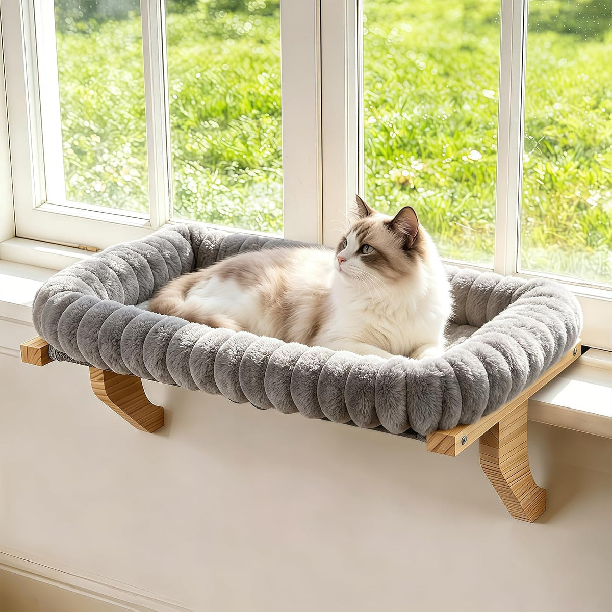 Cloud-Soft Wooden Cat Window Sill Perch with Zipper Cushion - Gray / Medium