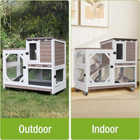 Wooden Rabbit Hutch with Two Story, Bunny Cage with Leak-Proof Trays, and Chew-Proof Ramp, Guinea Pig Cage with Wheels, Suitable for Indoor/Outdoor Use (Brown)