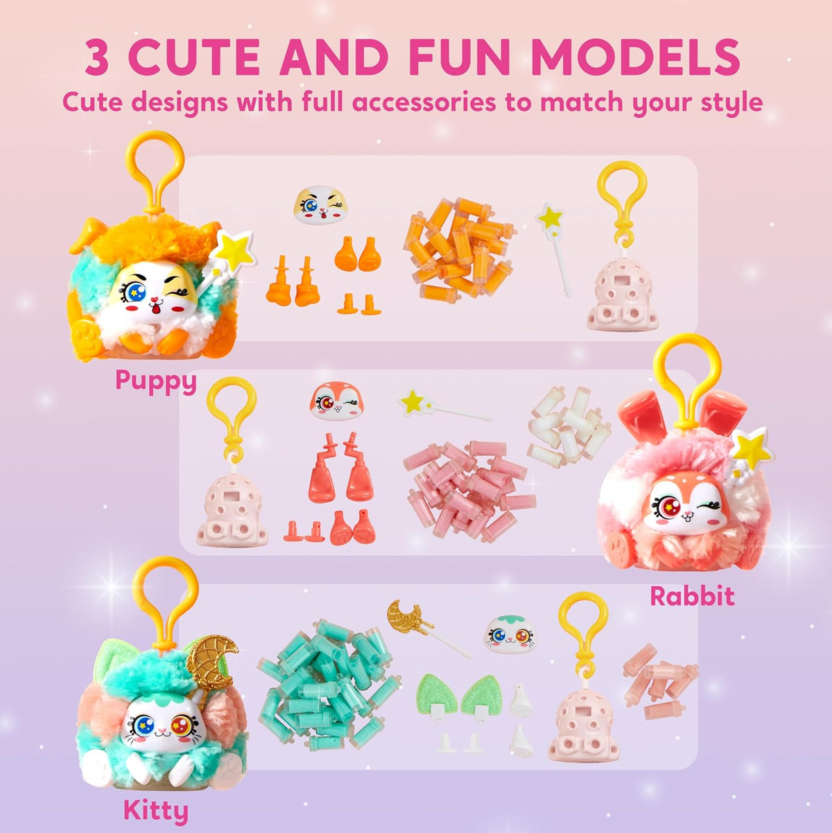 Klever Kits DIY plush keychain craft kit with kitty, puppy and rabbit models - view 2