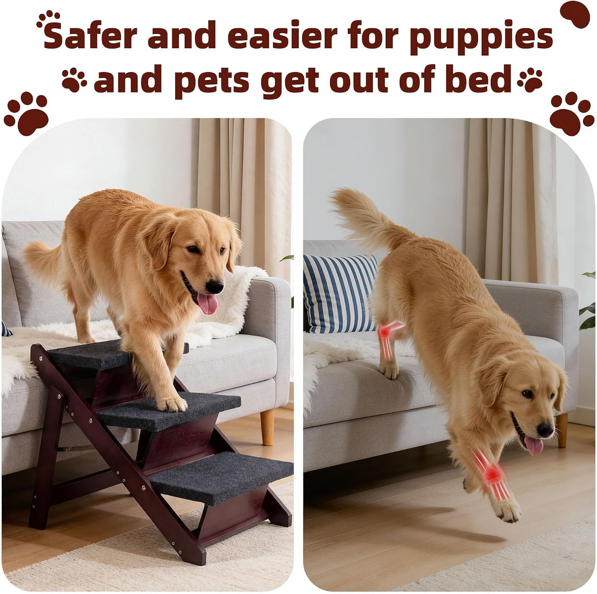 MEWANG Wooden Pet Stairs - 2 Step Foldable Ramp for Senior Dogs & Cats – Essentials for Dogs - 3 Steps – For Sofas & Low Beds (18–26 in) / 1 / 24.8" L x 17.2" W x 19.5" H - image 4