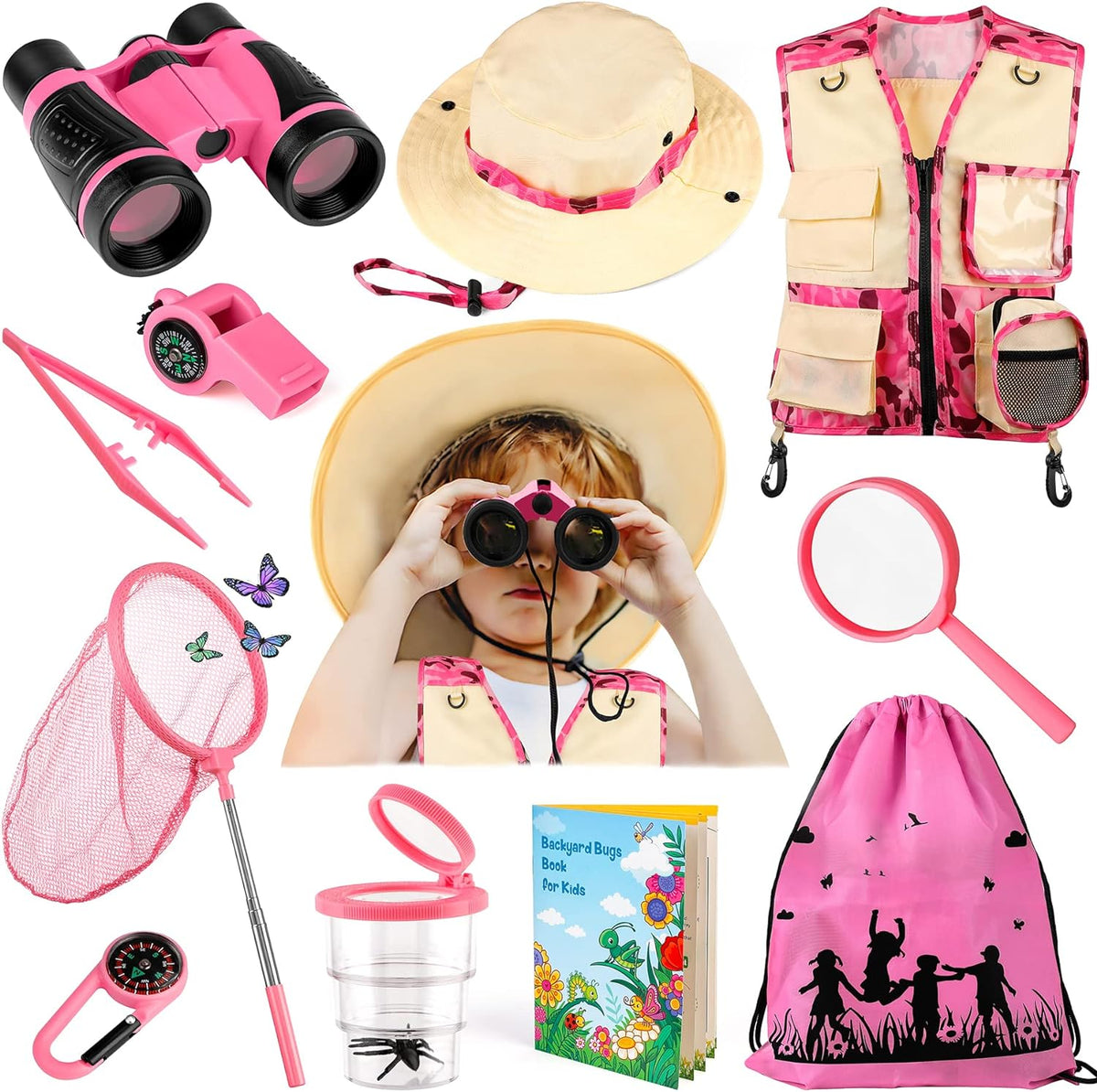 INNOCHEER Kids Explorer Kit & Bug Catcher Kit & Safari Costume Kit - Camouflage Pink