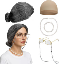 Huskein Old Lady Costume, Old Lady Cosplay Silver Bun Wig Glasses Wig Cap Pearl Necklace Bracelet - Blackwhite-bun
