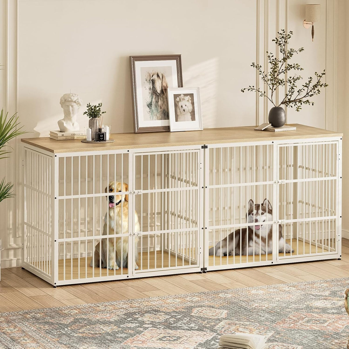 Lyromix 86.62'' Dog Crate Furniture Large Breed TV Stand, Grey – Essentials for Dogs - Natural Beech / 94.5"L x 29.1"W x 37.6"H / TV Stand Crate