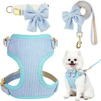 Small Dog Collar Harness and Leash Set with Bowtie - Blue-Harness / S: Neck 10-16", Chest 14-18.9"
