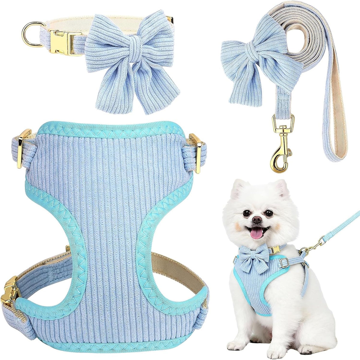 Small Dog Collar Harness and Leash Set with Bowtie - Blue-Harness / S: Neck 10-16", Chest 14-18.9"
