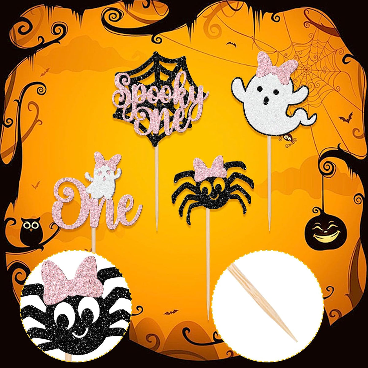 24 PCS Halloween Bat Cupcake Toppers Black Glitter Bat Cupcake Picks - Pattern C7 Pink - image 3