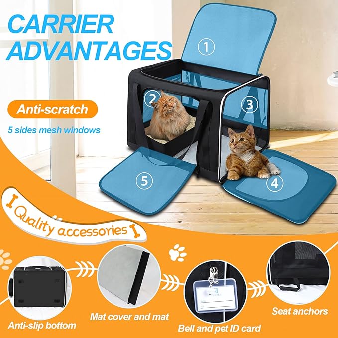 Petskd Extra Large Cat Carrier with Wheels and Litter Box 24"x17"x17" for Large Cat or 2 Small Cats, Collapsible Soft Sided Pet Carrier for Car Travel with Lockable Safety Zippers(Black)