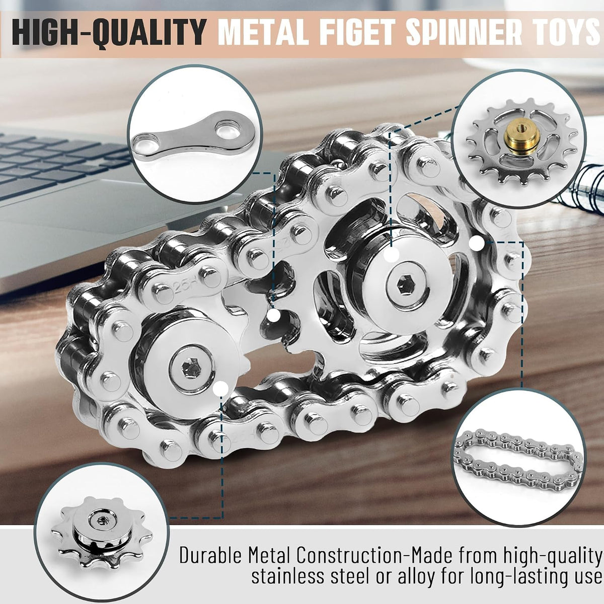 Fidget Spinner Toy for Adults Metal Figette Bike Chain for Adult Men - Blue+silver - image 3