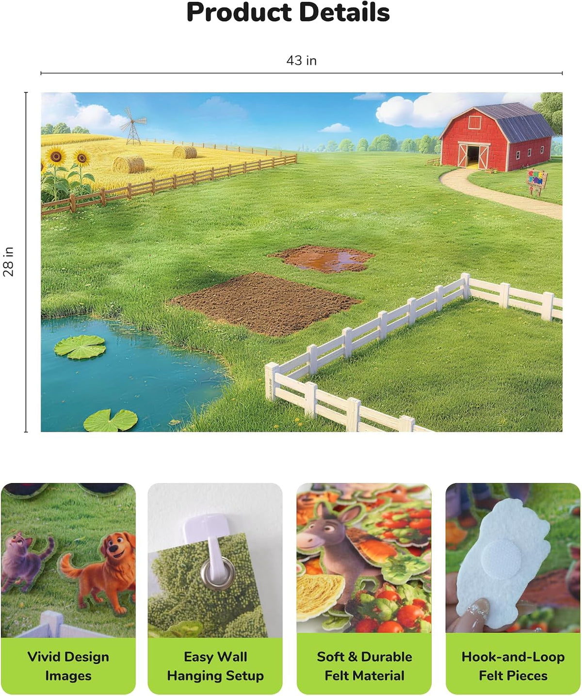 CHEFAN farm animals felt story board set with barn, tractor, cows, sheep and pond pieces - view 7