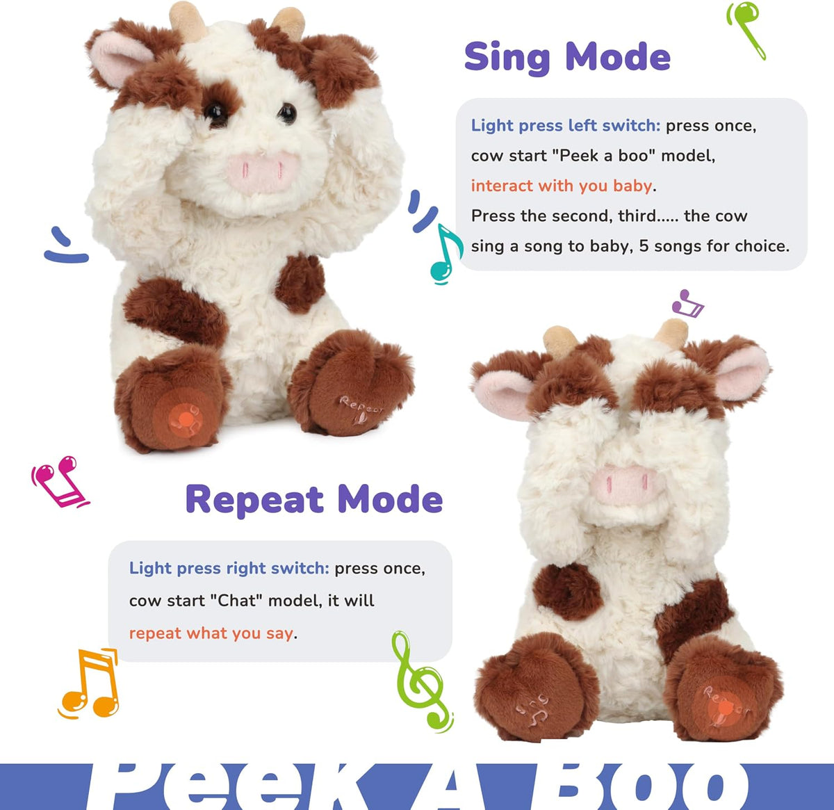 Hopearl Peek A Boo Cow Interactive Repeats What You Say Plush Diary - Cow - image 4