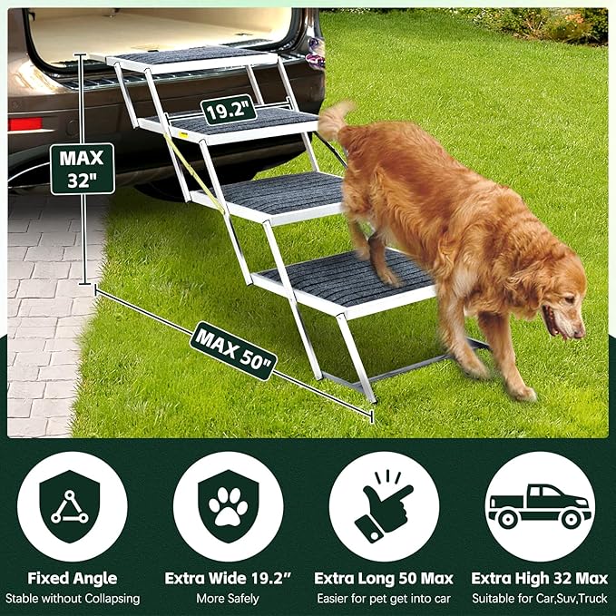 Dog Stairs for Car, Extra Wide Stairs for Large Dogs, Pet Steps Aluminum Foldable Dog Steps for Cars and SUV, High Beds, Trucks, Supports up to 200 lbs (Extra Wide-4 Steps)